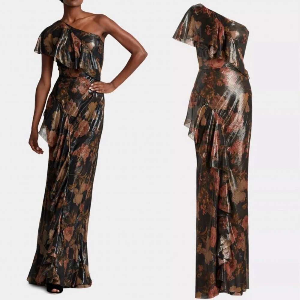 Ralph Lauren Purple Label One-Shoulder Floral Maxi Dress in Black and Bronze